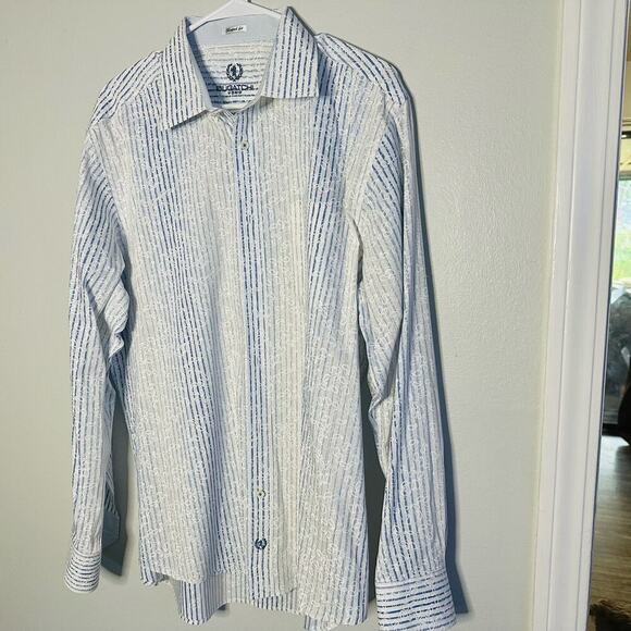 Bugatchi Uomo Blue White Floral Deisgn Classic Fit Collared Button Down Shirt XL - Picture 9 of 13